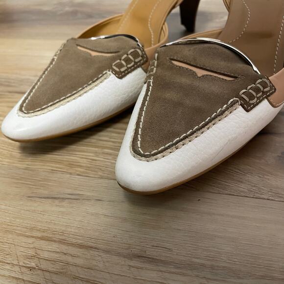 Tod’s Debbie Slingback pumps pointed toe loafer style tan brow white size 8.5 - Picture 5 of 11